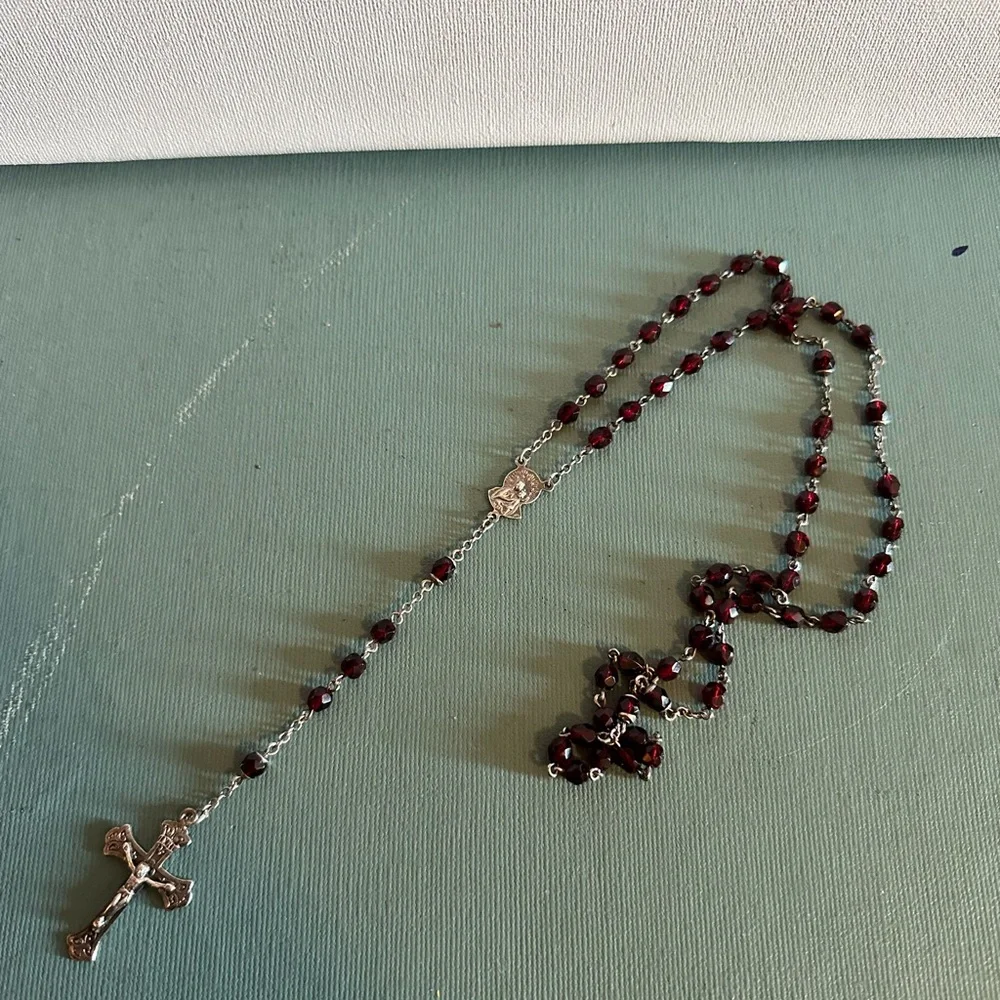 Vintage Sterling Silver and Red Garnet Beaded Cross Crucifix Rosary Necklace - Picture 1 of 7
